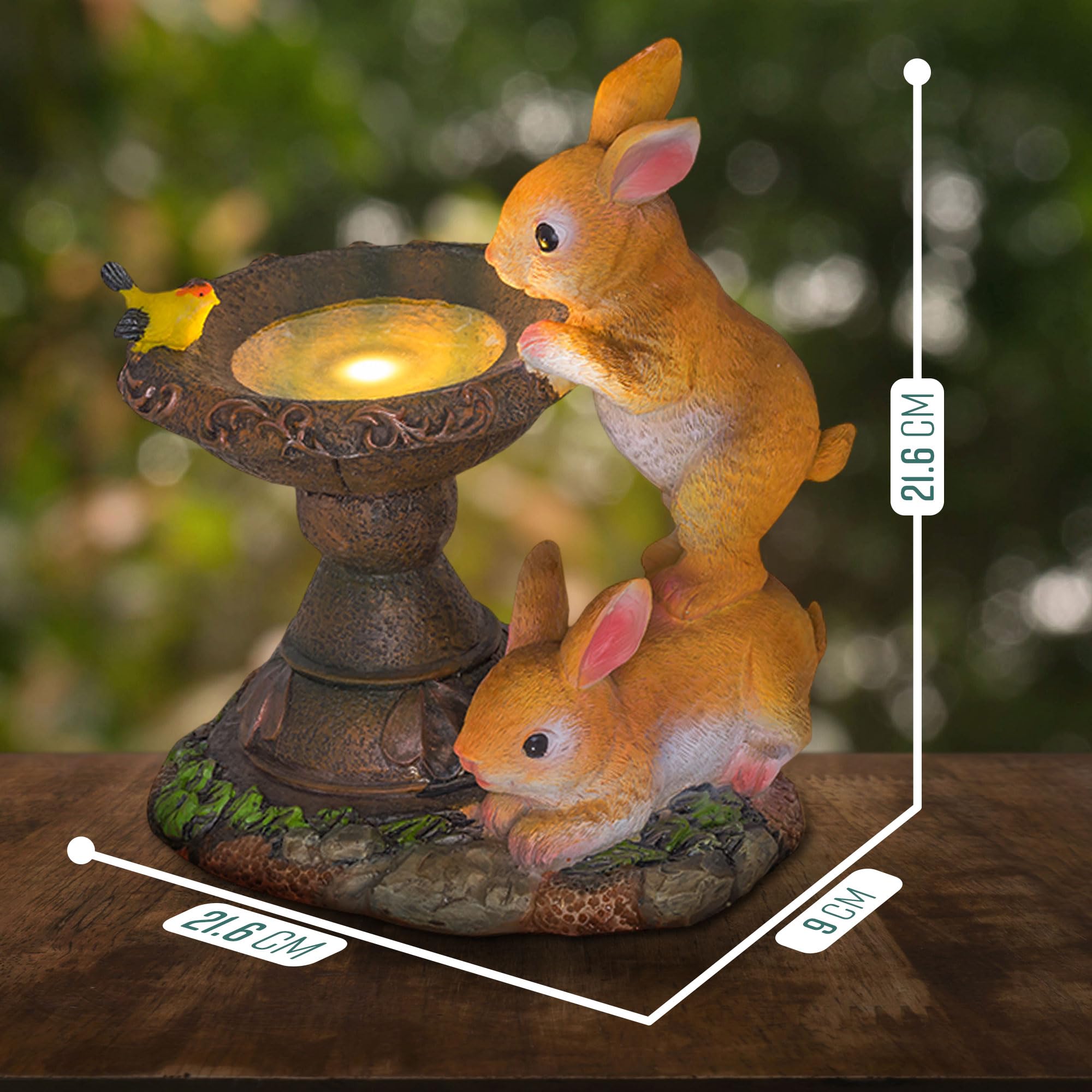 GloBrite Solar Rabbit Bird Bath for Garden | Outdoor Statue Gifts | Waterproof Resin Sculpture With Solar Lights for Christmas Decorations & Home Decor